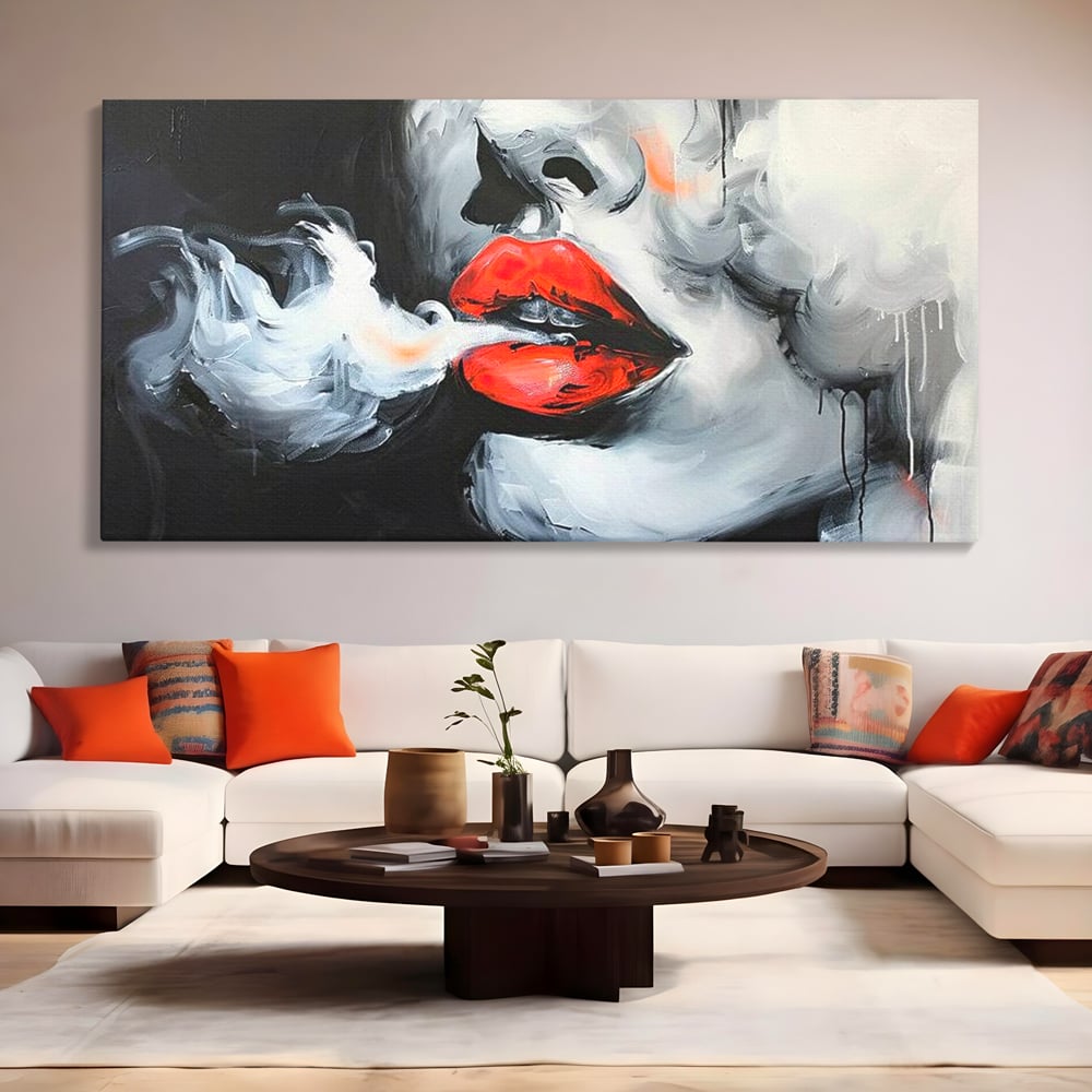 Tablou canvas cu tablou canvas cu buze rosii si fum, fara rama, pe sasiu de lemn, pe perete intr-un living
